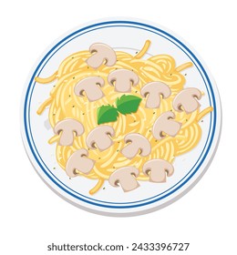 Spaghetti with shrimps top view. Classic pasta dish vector clip art illustration.