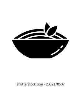 Spaghetti silhouette icon. Bowl of pasta with basil leaf. Black simple vector. Contour isolated pictogram on white background