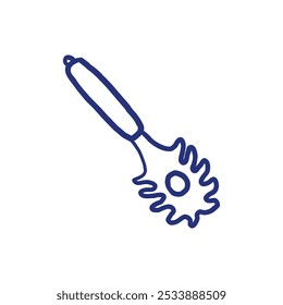 Spaghetti spoon. Kitchenware sketch. Vector kitchen utensil and tool. Cutlery illustration. Hand drawn sketch. Blue pen or marker drawing. Primitive kids picture