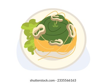 Espagueti con anillo de calamar con salsa de pesto casero. vista superior. Ilustración de dibujos animados de vector plano