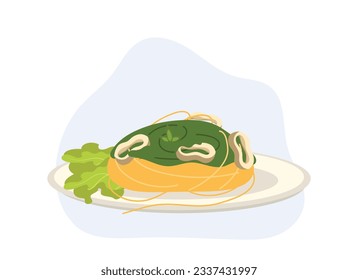 Espagueti con anillo de calamar con salsa de pesto casero. Ilustración de dibujos animados de vector plano