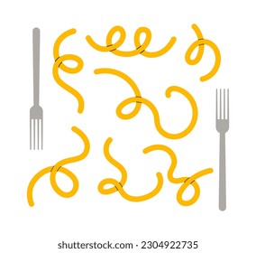 Spaghetti squiggles trendy set with forks. Flat vector illustration isolated on white background.