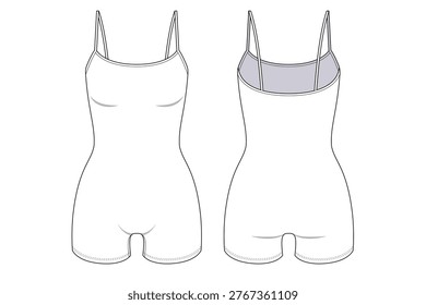 Women’s Spaghetti Strap Camisole Bodysuit Romper, Front and Back View- Flat Vector Illustration- Bodysuit Cad Mock-up