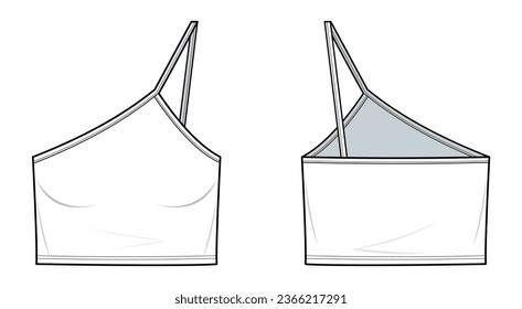 spaghetti strap crop top technical fashion illustration. spaghetti strap crop top template vector illustration. front and back view. white color. fashion flats, CAD mock-up set.