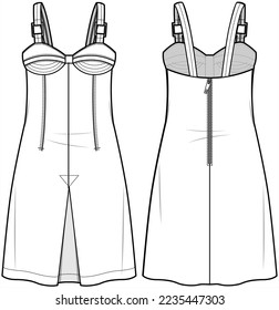 Spaghetti Strap Denim Vestido Front and Back View. Moda Ilustración, Vector, , Dibujo Técnico, Plano Plano, Plantilla, Mockup.