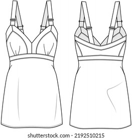 Spaghetti Strap Empire Line Short Dress, Empire Line Strappy Sweetheart Neck Mini Dress Front and Back View. Fashion Illustration, Vector, CAD, Technical Drawing, Flat Drawing, Template, Mockup.