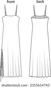 Spaghetti strap slit detailed long sexy women's evening dress illustration drawing