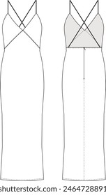 spaghetti straps strappy backless largo maxi slip dress Plantilla dibujo técnico plano sketch cad maqueta mujer diseño estilo modelo