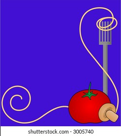 Spaghetti swirled around the tines of a fork with a  tomato and mushroom. Background illustration.