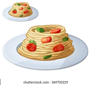 Spaghetti with tomato cherries and meatballs. Cartoon vector icon isolated on white background. Series of food and drink and ingredients for cooking.