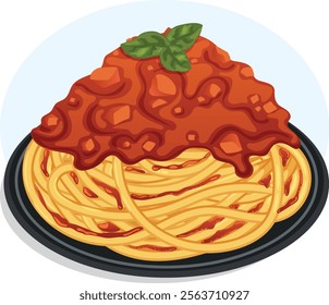 Spaghetti with Tomato Sauce and Basil Leaves on Top. Pasta Al Pomodoro Traditional Italian Dish Illustration 