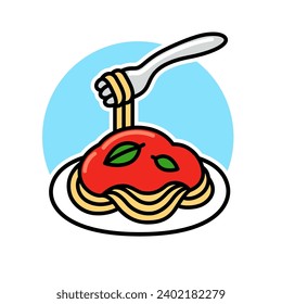 Espagueti con salsa de tomate y albahaca. Un simple icono del doodle de dibujos animados. Plato clásico italiano de pasta, ilustración de clip vectorial.