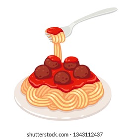 Spaghetti with tomato sauce and meatballs. Classic pasta dish vector clip art illustration.