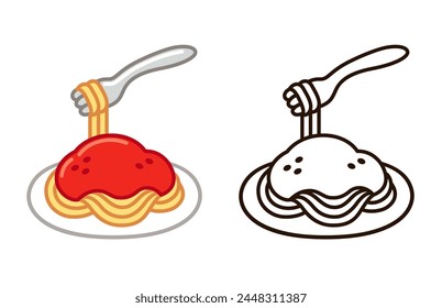 Spaghetti with tomato sauce, simple cartoon doodle icon. Color and black and white line art. Vector clip art illustration.