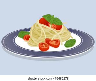 Spaghetti with tomatoes and basil on isolated dish