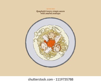 Spaghetti Tonyu Cream Sauce with Seared Scallops. Illustration vector. Hand draw fusion food.