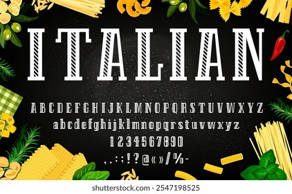 Tipo de espagueti, fuente de pasta italiana, tipo de letra de cocina, alfabeto inglés retro. Vector sketch spaghetti y fideos pasta comida letras y números fuente con eclosión en marco de macarrones en pizarra