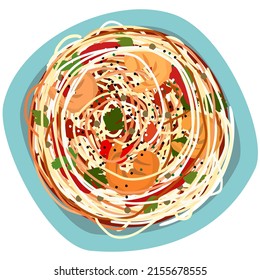 Spaghetti. Vector isolated illustration of blue plate of pasta with shrimps, tomatoes and spices.