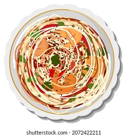 Spaghetti. Vector isolated illustration of plate of pasta with shrimps, tomatoes and spices.