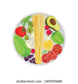 Spaghetti with vegetables on a plate. Vector illustration on white background.