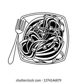 Spaghuetti on dish with fork in black and white