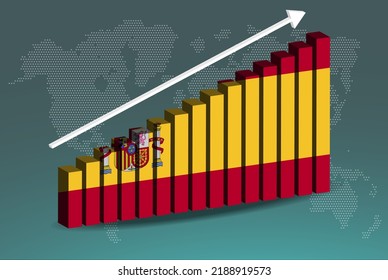Spain 3D bar chart graph vector, upward rising arrow on data, country statistics concept, Spain country flag on 3D bar graph, increasing values, news banner idea