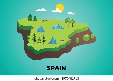 Spain 3d isometric map with topographic details mountains, trees and soil vector illustration design
