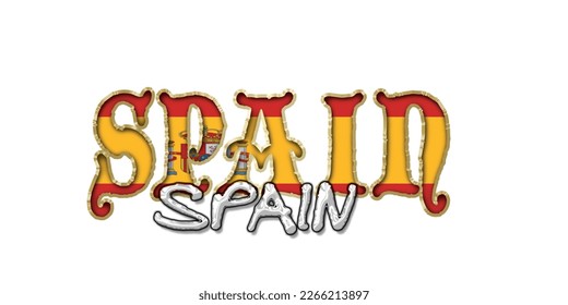 SPAIN 3d light bulb alphabet with gold frame isolated on white background. gold glossy dripping  font. Vector illustration.