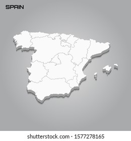 Spain 3d map with borders of regions. Vector illustration