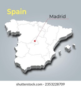 Spain 3d map with borders of regions and it’s capital
