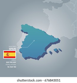 Spain 3d map with information of area and population of the country.