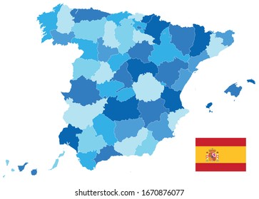 Spain Administrative Divisions Map Blue Color Isolated On White. Empty map. All elements are separated in editable layers clearly labeled. Vector illustration.
