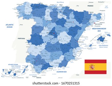 Spain Administrative Map Blue Colors. All elements are separated in editable layers clearly labeled. Vector illustration.