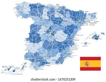 Spain Administrative Map and Roads Blue Colors. All elements are separated in editable layers clearly labeled. Vector illustration.