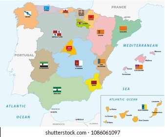 spain administrative and political vector map with flag