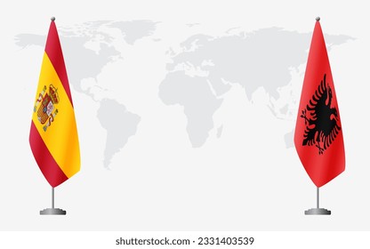 Spain and Albania flags for official meeting against background of world map.