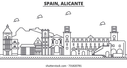 Spain, Alicante architecture line skyline illustration. Linear vector cityscape with famous landmarks, city sights, design icons. Landscape wtih editable strokes