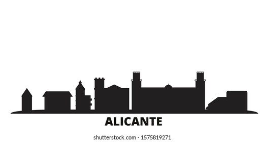 Spain, Alicante city skyline isolated vector illustration. Spain, Alicante travel black cityscape