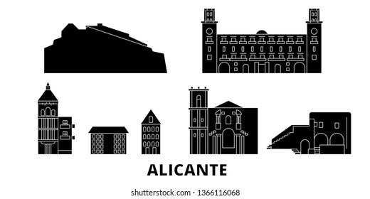 Spain, Alicante flat travel skyline set. Spain, Alicante black city vector illustration, symbol, travel sights, landmarks.