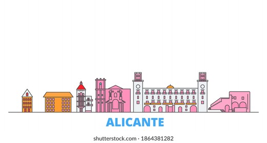 Spain, Alicante line cityscape, flat vector. Travel city landmark, oultine illustration, line world icons