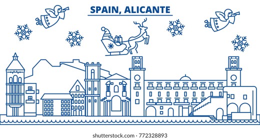 Spain, Alicante winter city skyline. Merry Christmas, Happy New Year decorated banner with Santa Claus.Winter greeting line card.Flat, outline vector.Linear christmas snow illustration