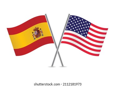 Spain and America flags. Spanish and American flags, isolated on white background. Vector illustration.