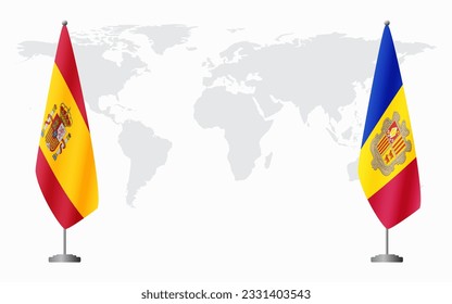 Spain and Andorra flags for official meeting against background of world map.
