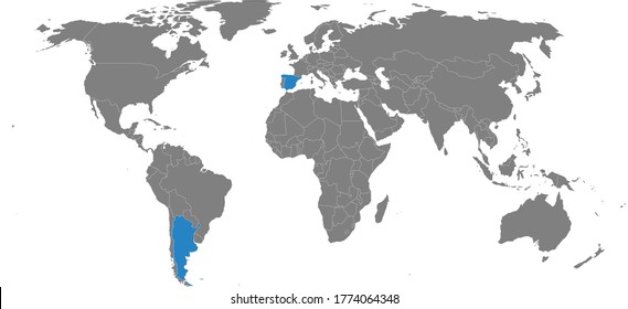 España, Argentina países aislados en el mapa mundial. Fondo gris. Conceptos de negocio, viajes y relaciones de transporte.