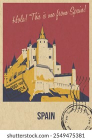 Cartão postal de atração de Espanha, Alcazar de Castelo de Segóvia Ilustração de Lugar Popular, Modelo Vetor Estilo Retro Cartão de Saudação com desejo de caligrafia. Impressão Postal, Textura de Papel Antigo