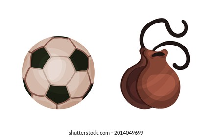 Spain Attributes with Castanets and Football Game Ball Vector Set