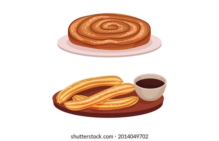 Spain Attributes with Churros Dessert and Sweet Pastry Vector Set