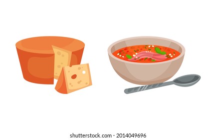 Spain Attributes with Gazpacho Soup in Bowl and Cheese Slab Vector Set