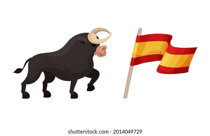 Spain Attributes with Horned Bull and Waving Flag on Pole Vector Set