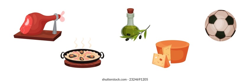 Spain Attributes with Jamon, Olive Oil, Cheese, Football and Paella Vector Set